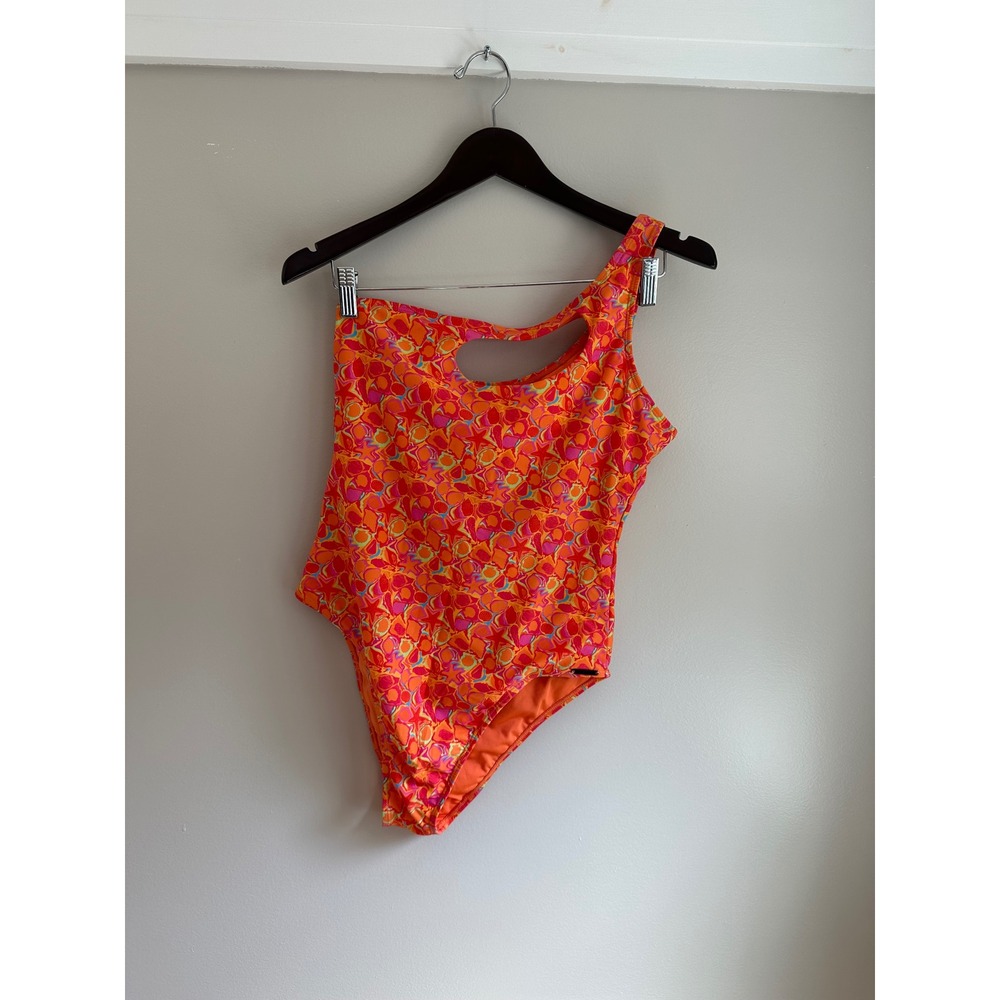 Kendall + Kylie One Piece Swimsuit Women L Orange Pink EUC One Shoulder Cutout